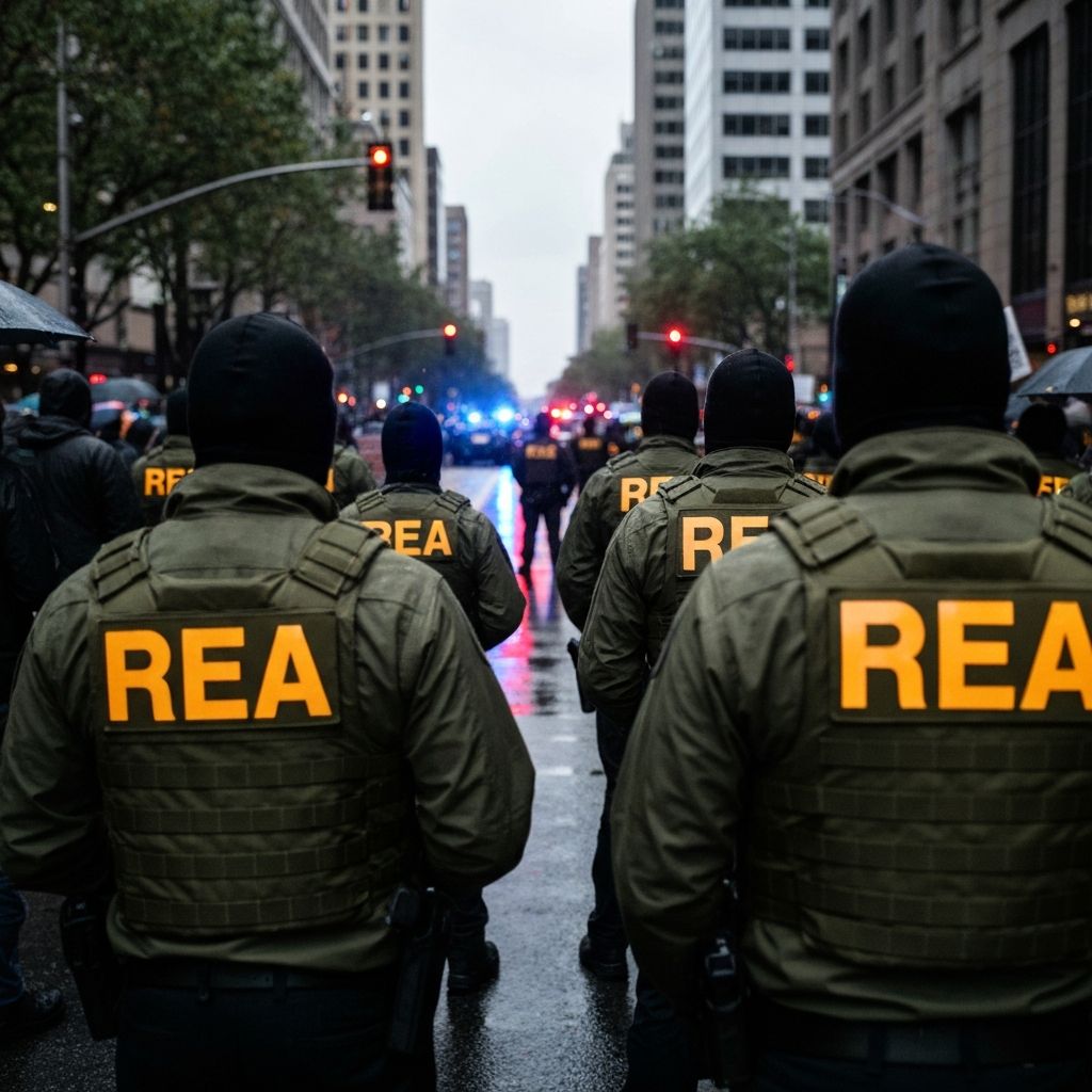 Figures in matching tactical vests marked 'REA' in amber lettering formed a line between demonstrators and police on SW 4th Avenue, Saturday afternoon.